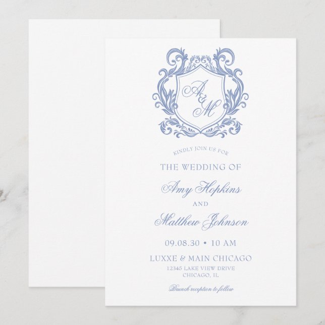 Invitation Mariage Élégant Monogramme Bleu Poussiéreux Blason (Devant / Derrière)