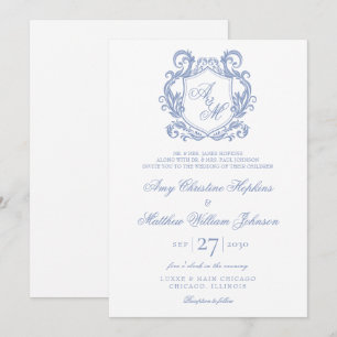 Invitation Mariage Élégant Monogramme Bleu Poussiéreux Blason