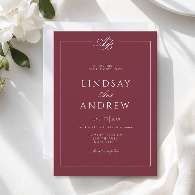 Invitation Mariage Élégant Monogramme Bordure Bordeaux Blanc (Elegant Monogram Border Burgundy White Wedding Invitation)