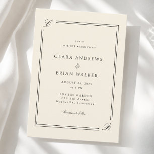 Invitation Mariage Élégant Monogramme Bordure Ivoire