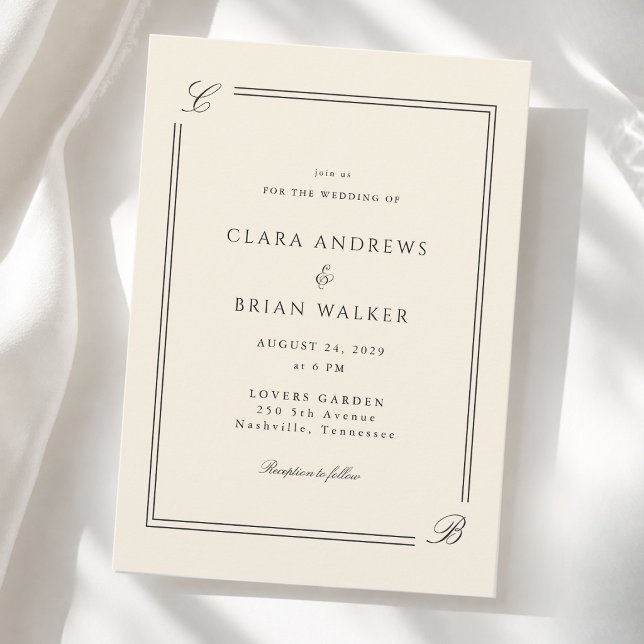 Invitation Mariage Élégant Monogramme Bordure Ivoire (Elegant Monogram Ivory Border Wedding Invitation)
