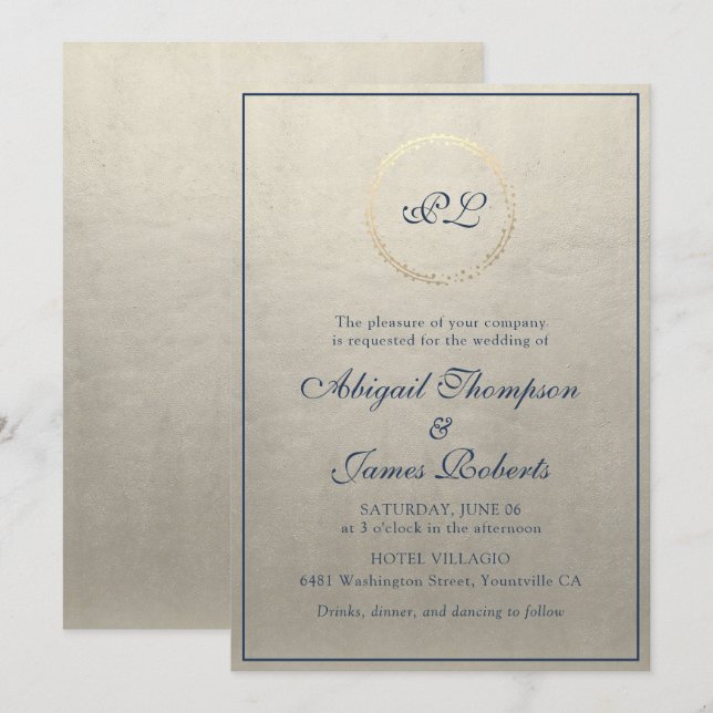 Invitation Mariage élégant monogramme champagne et marine (Devant / Derrière)
