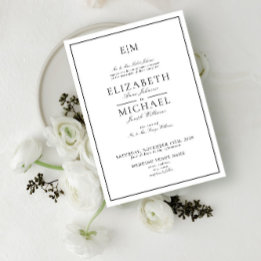 Invitation Mariage Élégant Monogramme Classique Blanc Noir