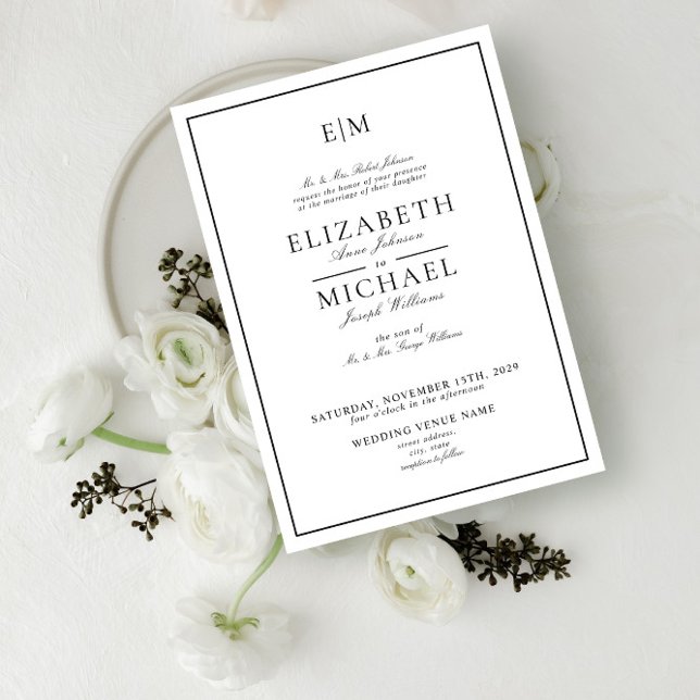 Invitation Mariage Élégant Monogramme Classique Blanc Noir (Créateur téléchargé)