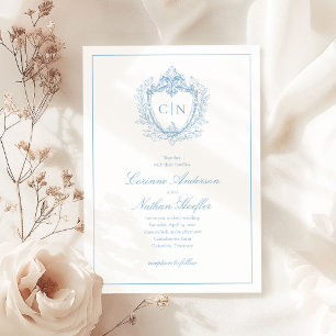 Invitation Mariage élégant monogramme crête bleu poussiéreux