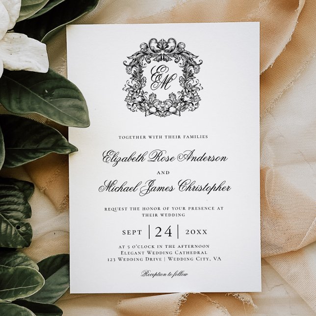 Invitation Mariage Élégant Monogramme Crête Noir Blanc (Créateur téléchargé)