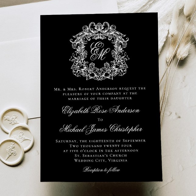 Invitation Mariage Élégant Monogramme Crête Noir Blanc (Créateur téléchargé)
