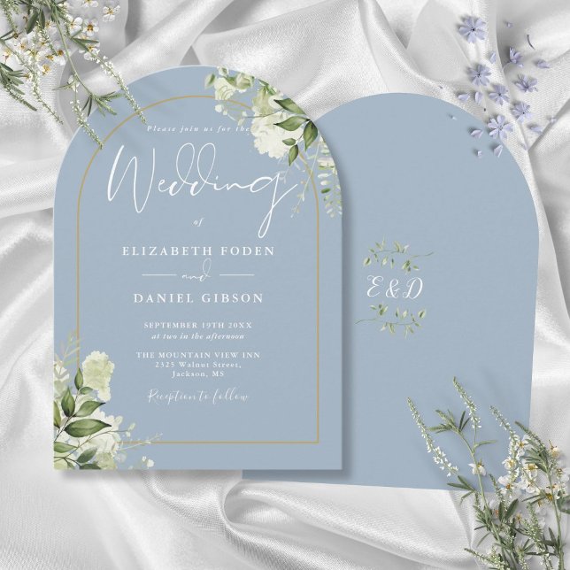 Invitation Mariage élégant Monogramme d'arche en or de verdur (Dusty Blue Greenery Gold Arch Monogram Wedding Invitation)