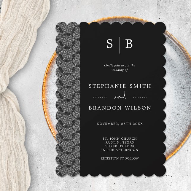 Invitation Mariage Élégant Monogramme de Dentelle Noir et Bla (Créateur téléchargé)