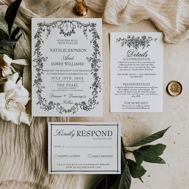 Invitation Mariage Élégant Monogramme de Jardin Noir et Blanc (Créateur téléchargé)
