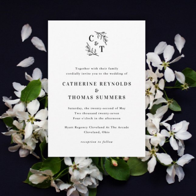 Invitation Mariage Élégant Monogramme Feuillage (Elegant Monogram Greenery Leaves Wedding Invitations.)