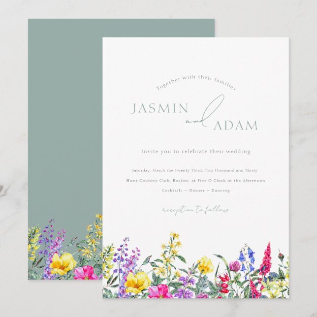 Invitation Mariage Élégant Monogramme Fleur des Champs Vert S (Devant / Derrière)