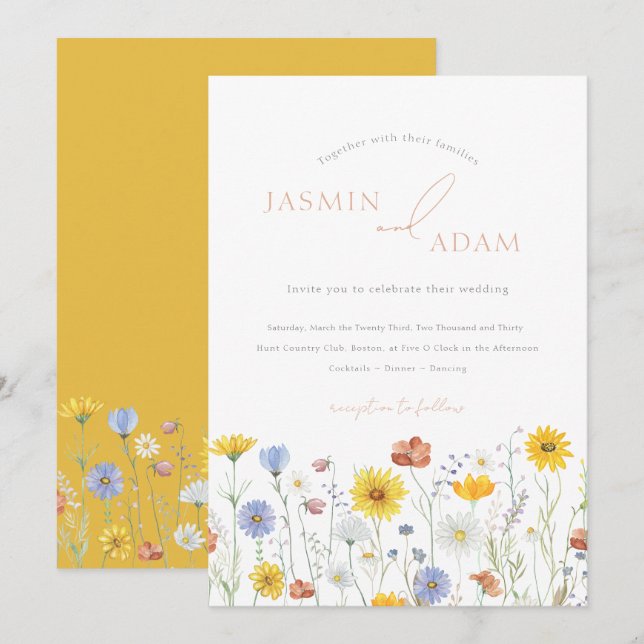 Invitation Mariage Élégant Monogramme Fleur Sauvage Moutarde (Devant / Derrière)
