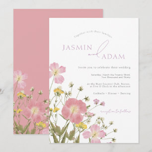 Invitation Mariage Élégant Monogramme Fleur Sauvage Rose Pous