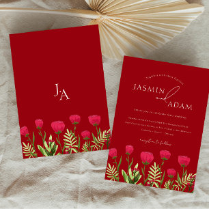 Invitation Mariage Élégant Monogramme Fleur Sauvage Rouge Cra