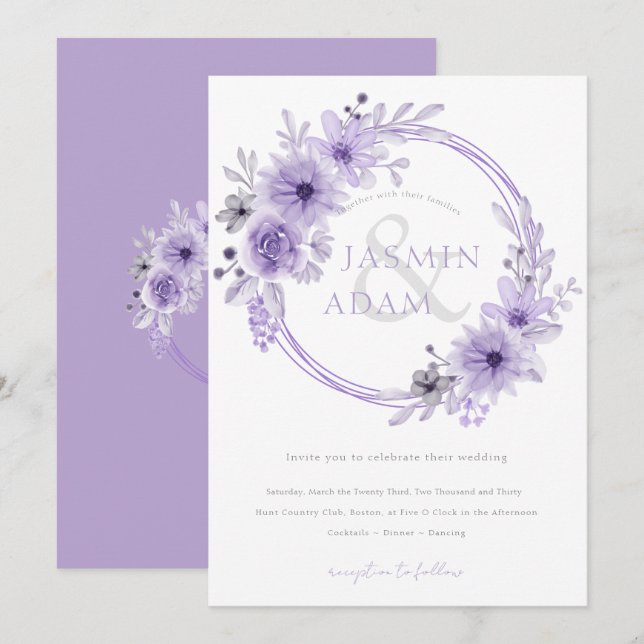 Invitation Mariage Élégant Monogramme Floral Lavande (Devant / Derrière)