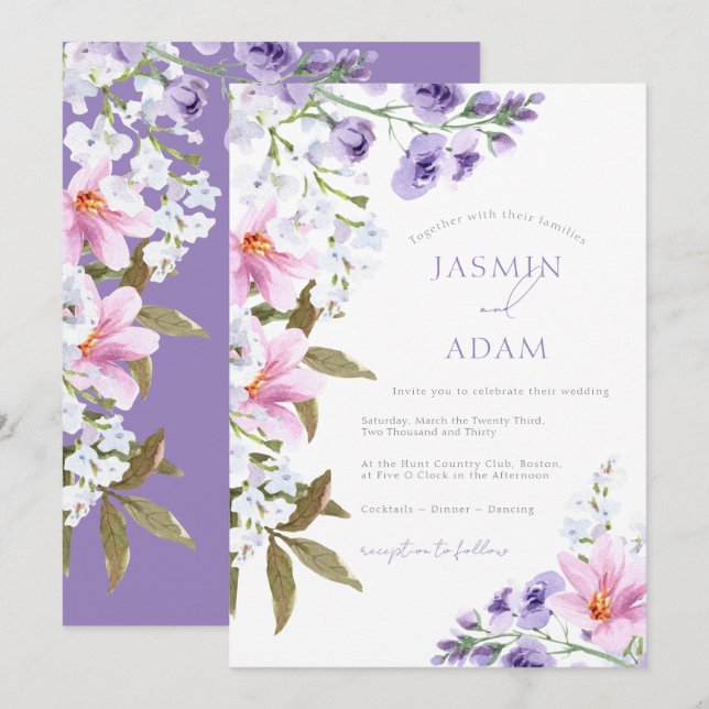 Invitation Mariage Élégant Monogramme Floral Lavande (Devant / Derrière)