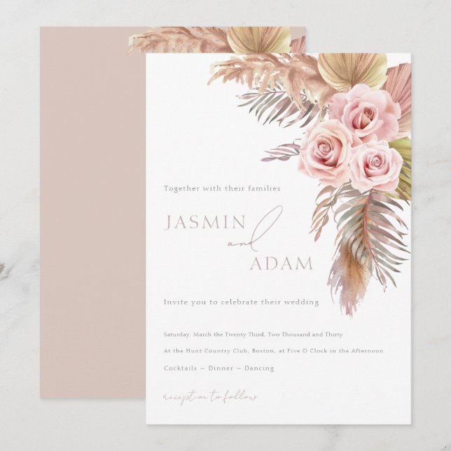 Invitation Mariage Élégant Monogramme Floral Rose (Devant / Derrière)