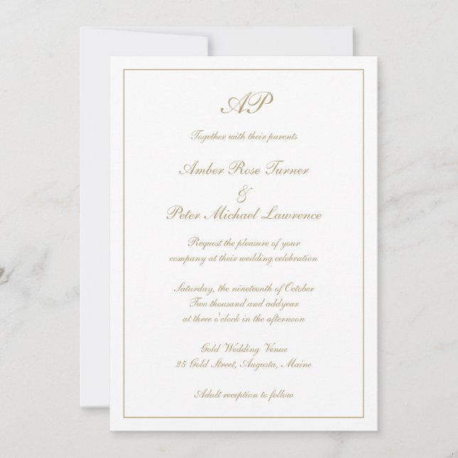 Invitation Mariage Élégant Monogramme Formel Or Tout En Un (Devant)