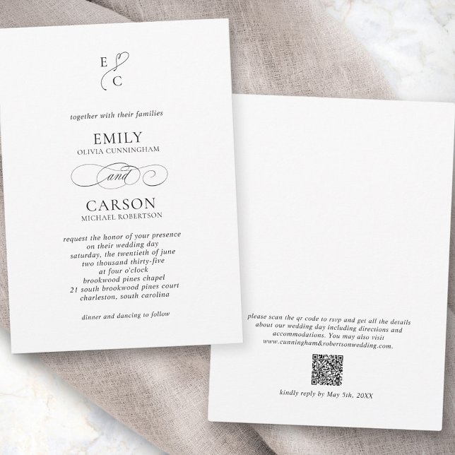 Invitation Mariage élégant Monogramme moderne Logo QR Code (Elegant Wedding Modern Monogram Logo QR Code Invitation)