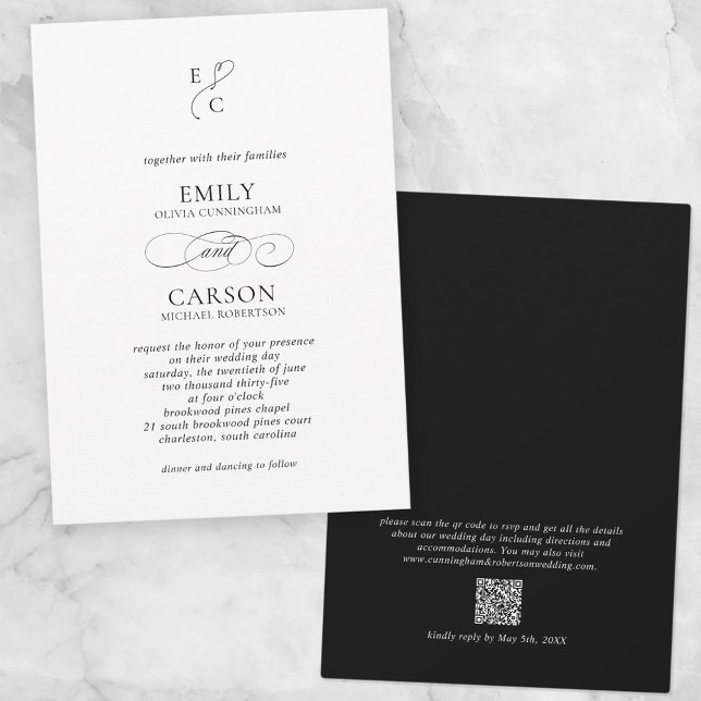 Invitation Mariage élégant Monogramme moderne Logo QR Code no (Créateur téléchargé)