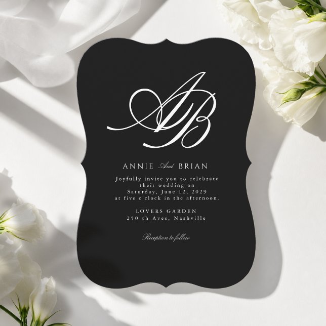 Invitation Mariage Élégant Monogramme Noir Blanc (Elegant Monogram Black White Wedding Invitation)
