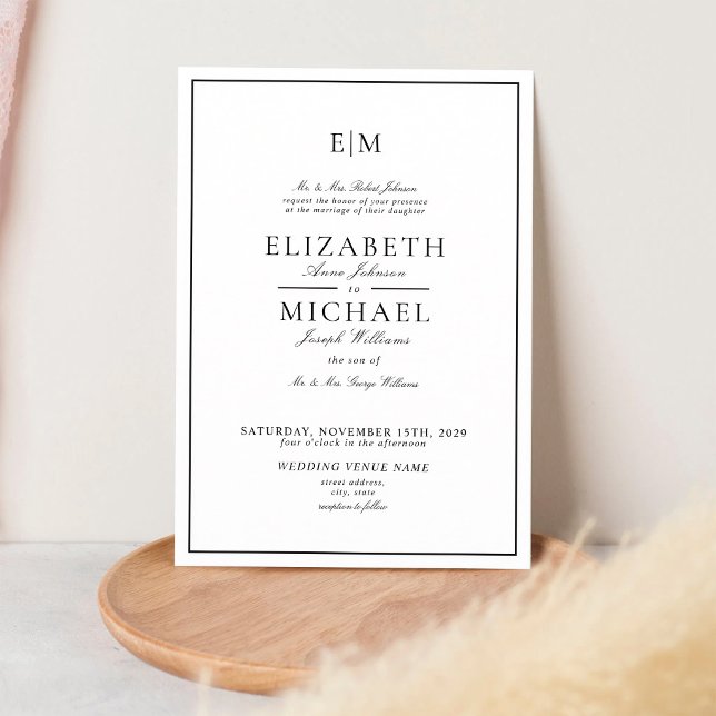 Invitation Mariage Élégant Monogramme Noir Blanc (Créateur téléchargé)