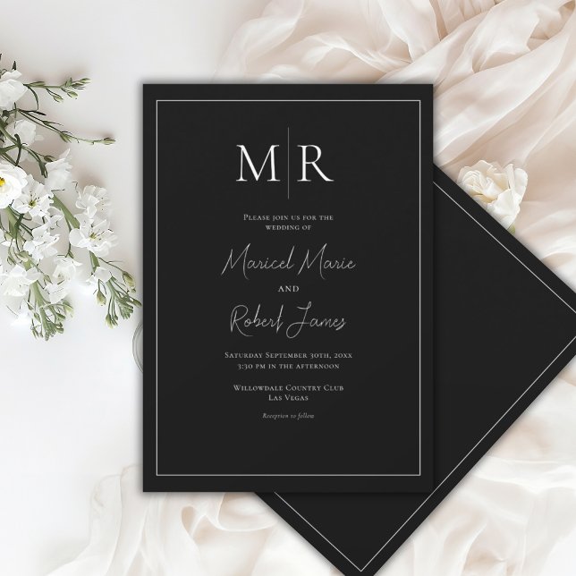 Invitation Mariage Élégant Monogramme Noir & Blanc Moderne (Créateur téléchargé)