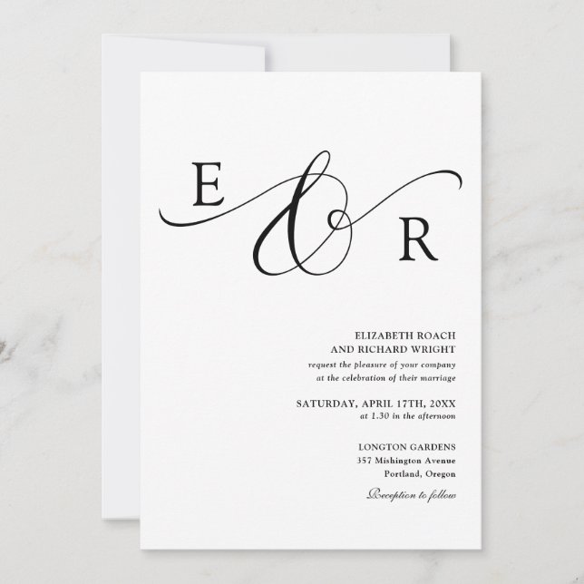 Invitation Mariage élégant monogramme noir et blanc Script (Devant)