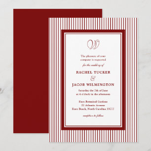 Invitation Mariage élégant monogramme rayé rouge foncé