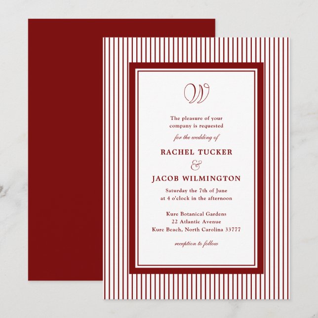 Invitation Mariage élégant monogramme rayé rouge foncé (Devant / Derrière)