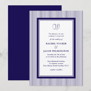 Invitation Mariage élégant monogramme rayures bleu foncé