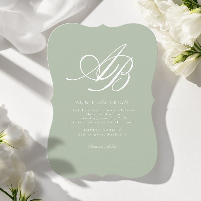 Invitation Mariage élégant Monogramme Vert Blanc (Elegant Monogram Sage Green White Wedding Invitation)