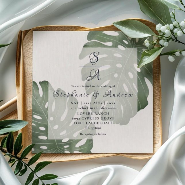 Invitation Mariage élégant Monstera vert émeraude (Créateur téléchargé)