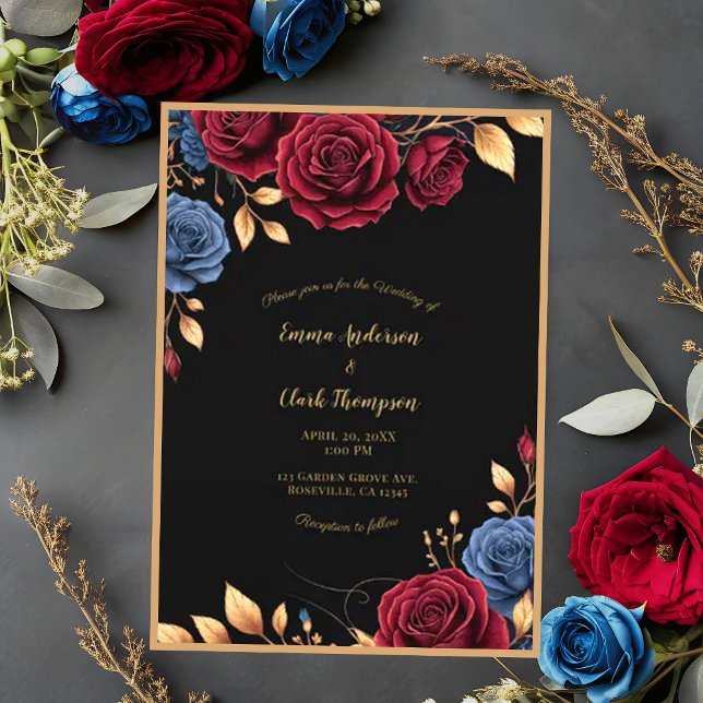 Invitation Mariage élégant Moody Dark Floral Gold (Créateur téléchargé)
