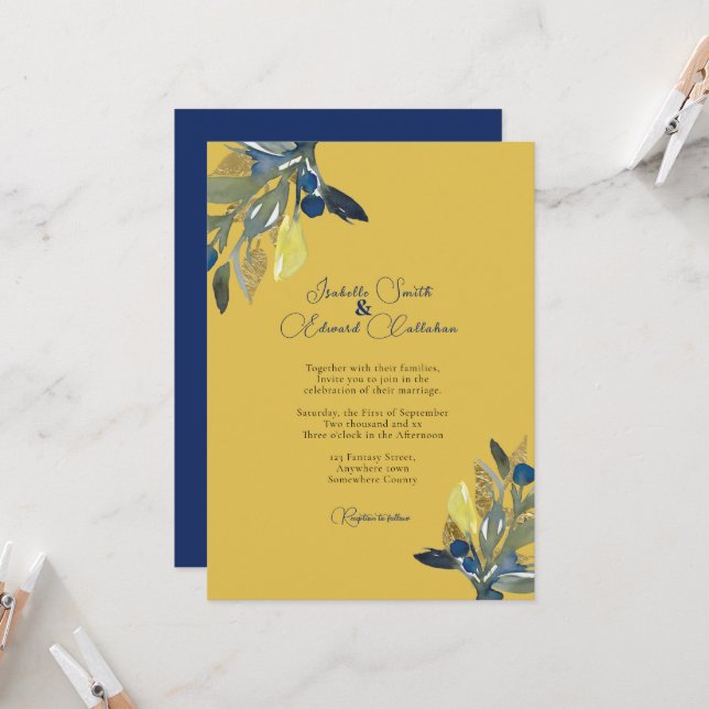 Invitation Mariage Élégant Navy & Or Feuilles Aquarelle (Devant/Arrière en situation)