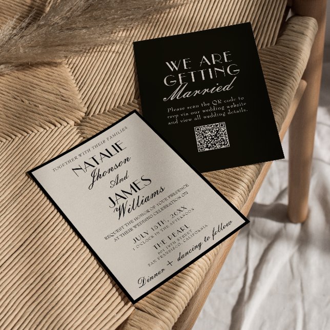 Invitation Mariage élégant noir blanc ancien argent QR Code (Créateur téléchargé)