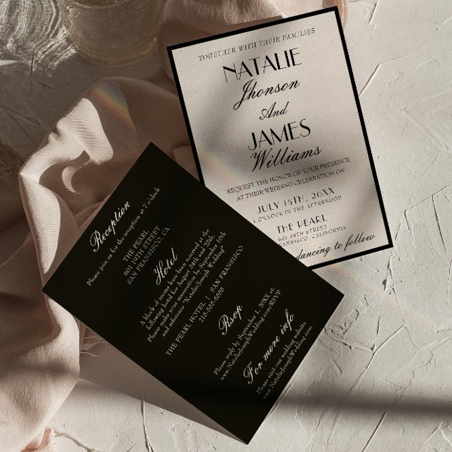 Invitation Mariage Élégant Noir Blanc Ancien Argent Tout En U (Créateur téléchargé)