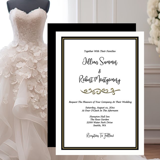 Invitation Mariage Élégant Noir & Blanc Avec Or (Elegant Black & White With Gold Wedding Invitation)