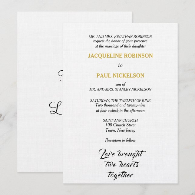 Invitation Mariage Élégant Noir Blanc Or Deux Cœurs (Devant / Derrière)