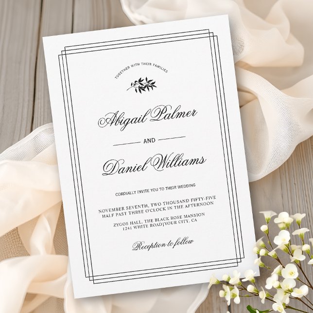 Invitation Mariage élégant noir, branche blanche et bordure (Créateur téléchargé)