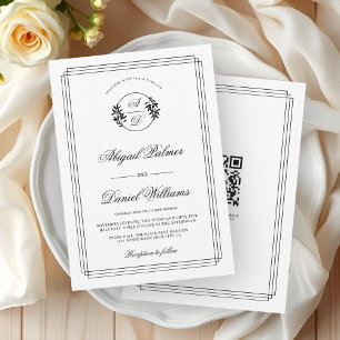 Invitation Mariage élégant noir, branche blanche et code QR