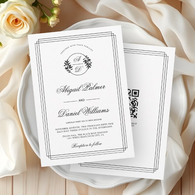 Invitation Mariage élégant noir, branche blanche et code QR (Créateur téléchargé)