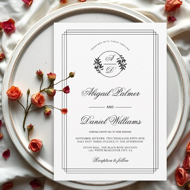 Invitation Mariage élégant noir, branche blanche et initiales (Créateur téléchargé)