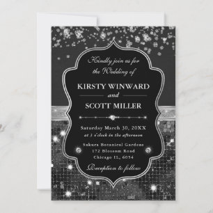 Invitation Mariage Élégant Noir et Argent avec Diamants
