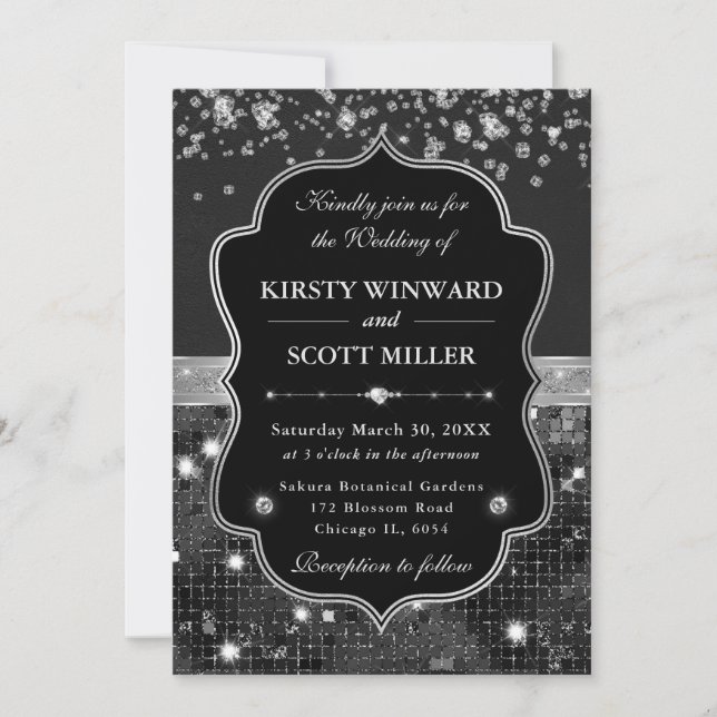 Invitation Mariage Élégant Noir et Argent avec Diamants (Devant)