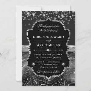 Invitation Mariage Élégant Noir et Argent avec Diamants
