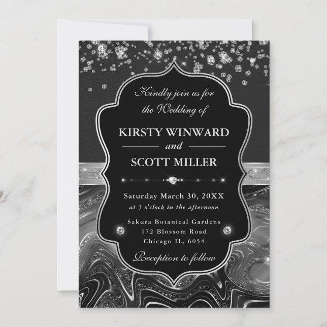 Invitation Mariage Élégant Noir et Argent avec Diamants (Devant)