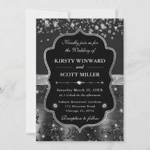 Invitation Mariage Élégant Noir et Argent avec Diamants