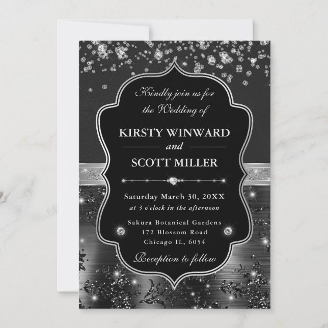 Invitation Mariage Élégant Noir et Argent avec Diamants (Devant)